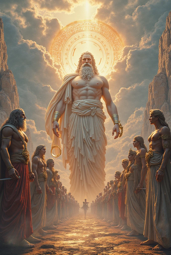 Imagine Multiple Gods, todos imponentes e majestosos, are gathered in a stunning setting next to Olympus, symbol of awesomeness Zeus, o rei dos deuses gregos, He raises his thunderbolt as a symbol of supreme power.All the gods look towards Olympus