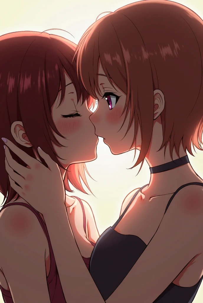 Nishikino maki, Purple eyes, slightly big breasts, bangs,white shirt, short black shorts, dark brown pantyhose, necktie, opened lab coat, standing, dark room lightened by candlelight,wet, blushing, hugging a girl,kiss, looking at each other 