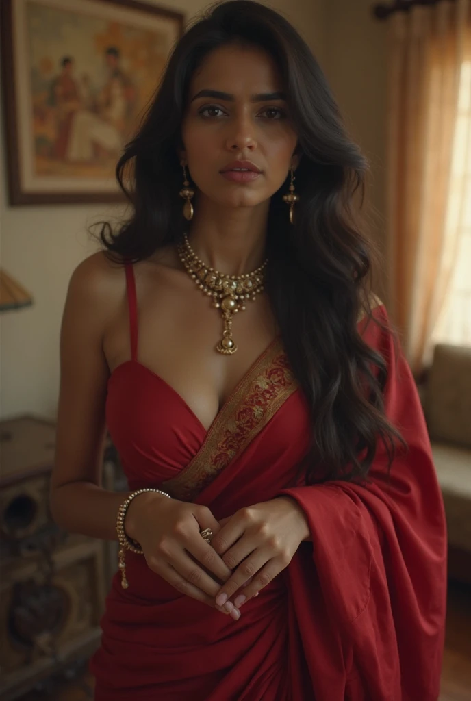 Wearing a sexy satin saree with strapless silk Bra, sexy Indian bigg boss housewife,