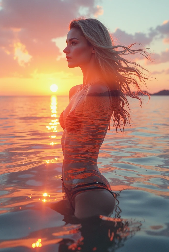 hyperealistic photo A full body shot of A beautiful blonde woman, with tanned skin and blonde hair dimly lit room with large window showing the ocean at sunset, a young woman in blue bikini standing next to bed looking out of open curtains, she has long blonde hair and is smiling, low angle shot, over shoulder view, full body, body figure, summer outfit, blue nightgown, no makeup, natural lighting, sunsetultra-realistic photograph captured, high-resolution quality ,detailed face, 8k
