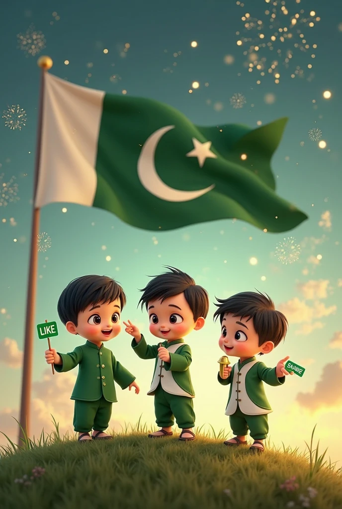 Two boys and one girl set on the wall and Pakistan flag in hands