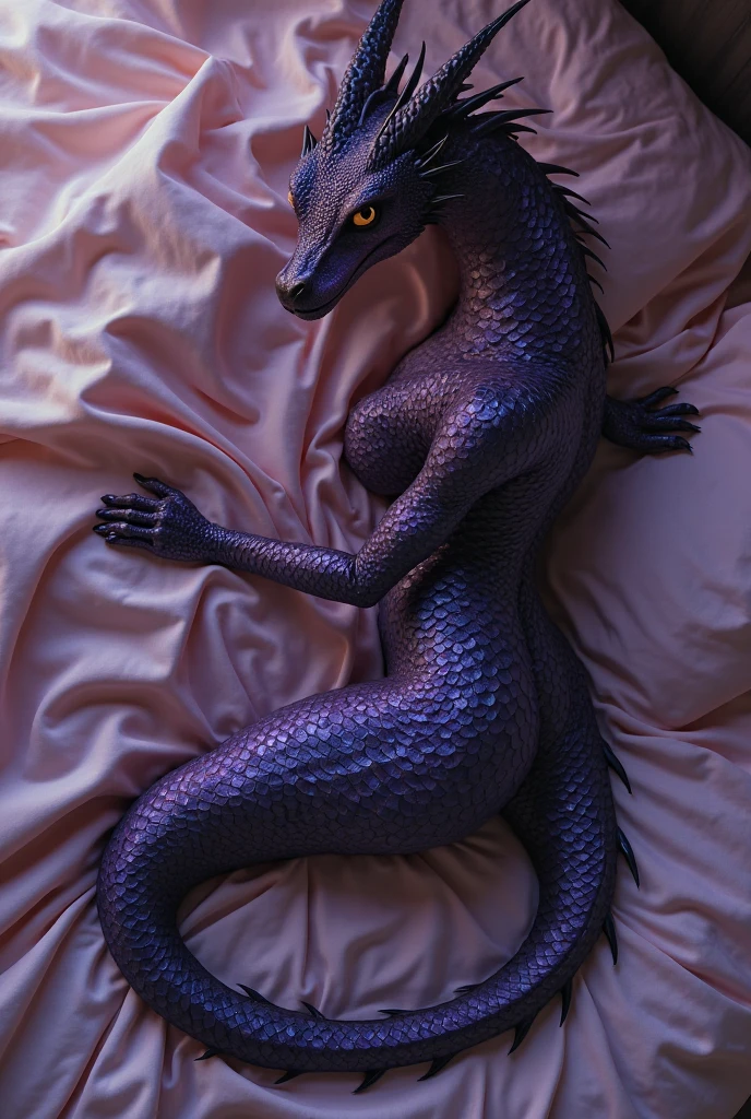 Chubby purple dragon, sexy erection, mouth open tongue out groaning in pleasure, {(on bed), (laying on side), (head resting on hand), (feet on bed), (looking at viewer), (side view)}, [background; (bedroom), (candles), (ambient lighting)]
