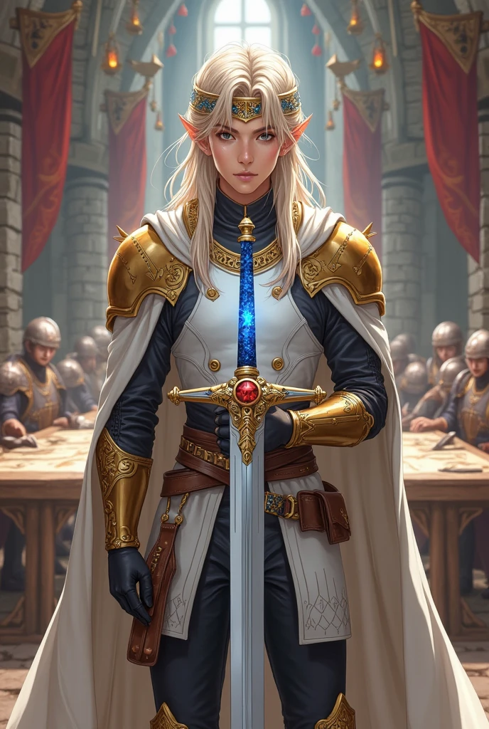 masterpiece, best quality, ingrid_timeskip, armor, fur trim, green cape, greaves, hair ribbons, green gloves, greaves, looking at viewer, whole body, inside of a church