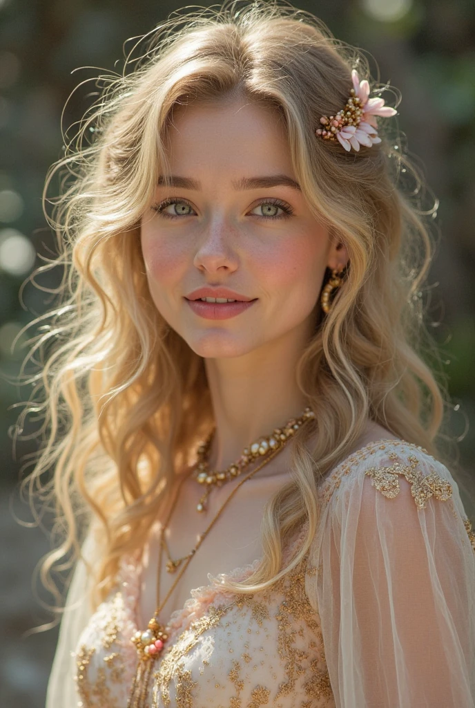 a beautiful girl, with blonde hair, pink like precious stones, she has long beautiful hair, an accessory on her forehead, with precious things, beautiful cute clothes. she looks like a beautiful angel. her character is very soft, 