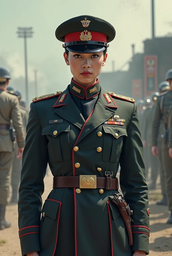 Female Soldiers (18岁韩国Female Soldiers,Super beautiful face, Super white face,Super white skin,Pale face), (fully armed) stand in a line,Uniform