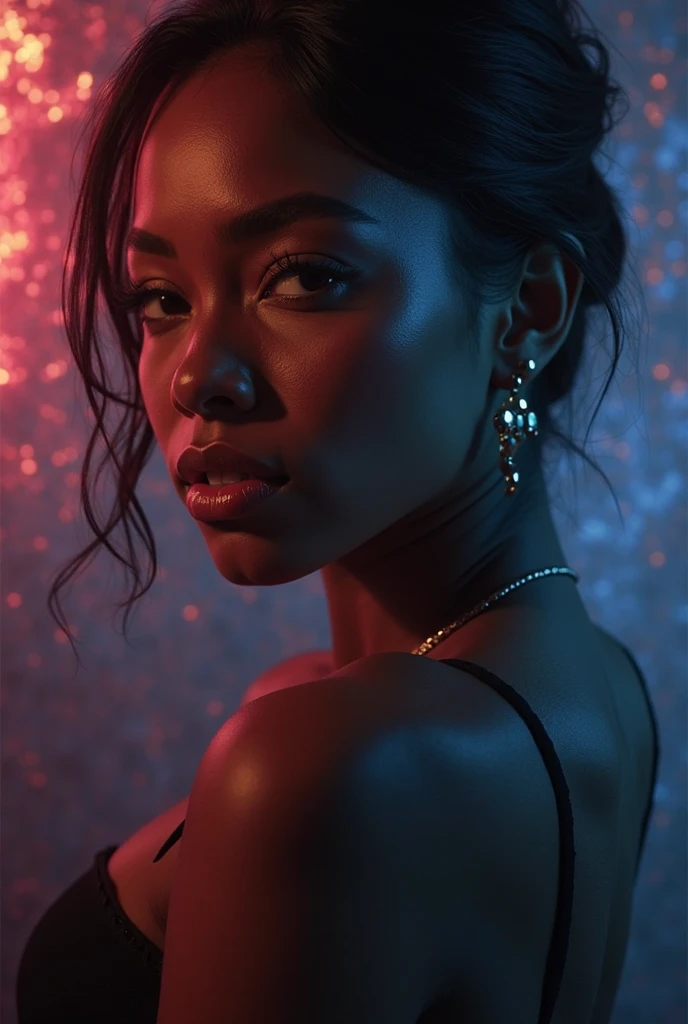 Imagine a cover that immediately captures attention. In the middle, The protagonist stands out with her dark skin, her reddish brown hair falling in soft waves, Framing her face with intense beauty. Her honey-colored eyes are deep and expressive., radiating a mix of determination and vulnerability, as if carrying dark and painful secrets with him.
The background is a dark and immersive environment, evoking the atmosphere of a nightclub. Neon lights flicker in shades of purple and blue, creating a seductive and dangerous atmosphere. The lighting highlights the features of his face, accentuating his serious expression, almost defiant, which suggests that she is trapped in a world full of deception and lies.
The combination of its powerful presence with the intriguing background and subtle details creates a visual narrative that invites the viewer to immerse themselves in a story full of love., betrayal and the fight for freedom in a dark and complex world.