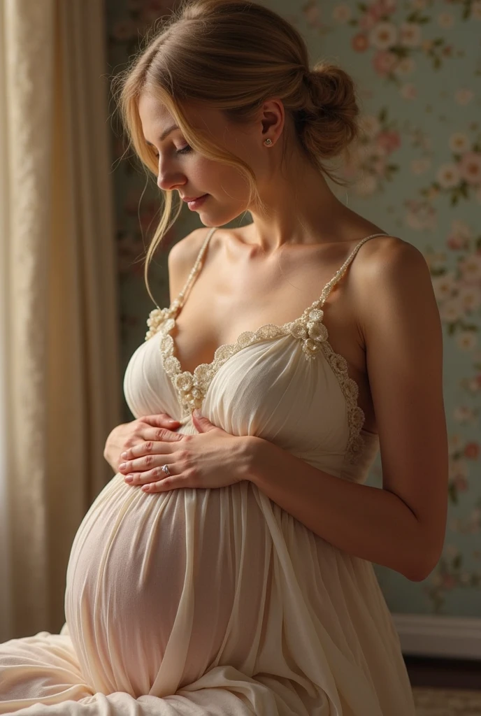 sexy ukrainian girl (blonde) (pregnant) wearing wedding dress (hyperrealistic)