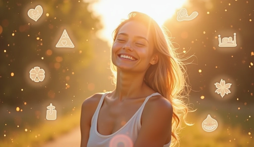 Create an inspiring image that conveys confidence and self-awareness. The image should include a smiling and confident woman in a natural setting, such as a field or garden, at sunrise or sunset. Her expression should convey confidence and serenity.
Incorporate a Star of David discreetly positioned in a corner of the image or subtly into the background. Add elements of soft golden lights radiating around the woman to create an effect of illumination and mysticism.
Include a numerological diagram in a lateral area or subtly within the image to suggest the in-depth and analytical content of the numerological map. Add a catchy phrase at the top or bottom of the image: "Discover Your True Purpose", using an elegant and legible font with colors that harmonize with the rest of the image (gold and soft blue).
Use soft and comforting tones, with a mystical and attractive touch, blending natural light and graphic elements to create a harmonious look.