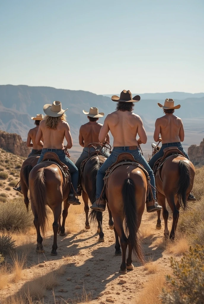 5 cowboy men working on a horse farm some shirtless and another wearing a striped shirt and a handsome young gay man seduces him
