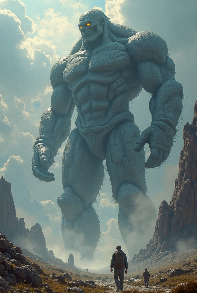 A giant lifting a huge boulder the size of a mountain.　Looking up from below　Huge belly　Lower Body　feet