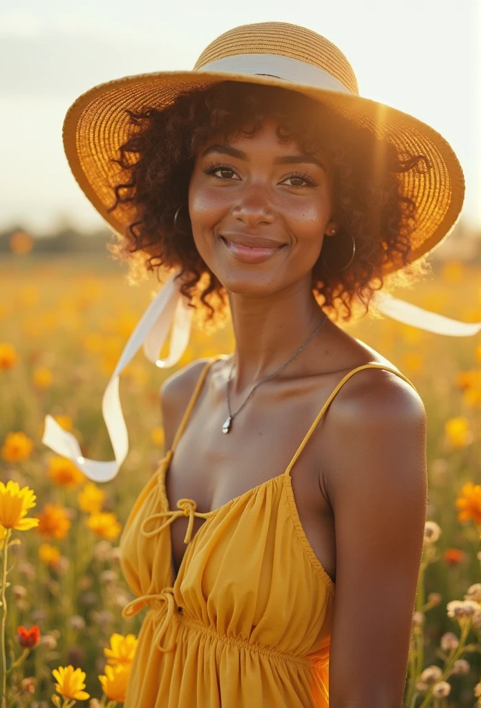 Joyful woman in nature, surrounded by blooming flowers at golden hour – The woman has a carefree expression, laughing while sitting among the flowers. Her natural afro hair catches the light, and the scene feels serene and filled with warmth, with soft, muted tones in the background and bright yellow and white flowers in the foreground.