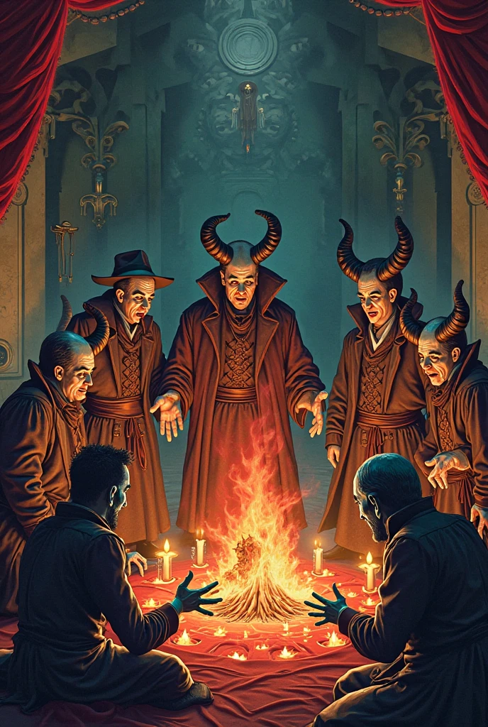 A cartoon closeup shot of a demon surrounded by people, Scream, scary horrifying satanic rituals, satanism, satanism堂内部, Satanic Symbolism, Summoning Demons, Summoning Demons, Secret propaganda, demonic magic ritual, satanic ritual, Jeff Isley, Read a magic book, Summon the Devil, Tear the devil into pieces, Scream