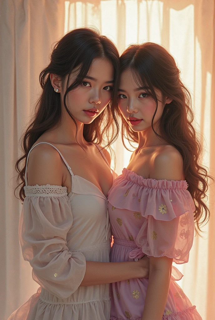 (full body shot:1) 2 best friends, bestie,  girlfriends photorealistic image of a woman, ultrarealistic, photography, straight long black hair, asian woman, beautiful 2 cute sexy asian 20 years old woman, hourglass figure, perfect body, Flirty look, natural big breasts, long eyelashes, cat eye make-up, double eyelids, sexy pose, erotic pose, seductive pose, big breasts,  big  , she wears a cute long sleeves top, mini cute ruffle skirt, baseball cap with her friend, bestfriends, , cute smile, with her best friends , 2 beautiful women , best friends,  besties ,
