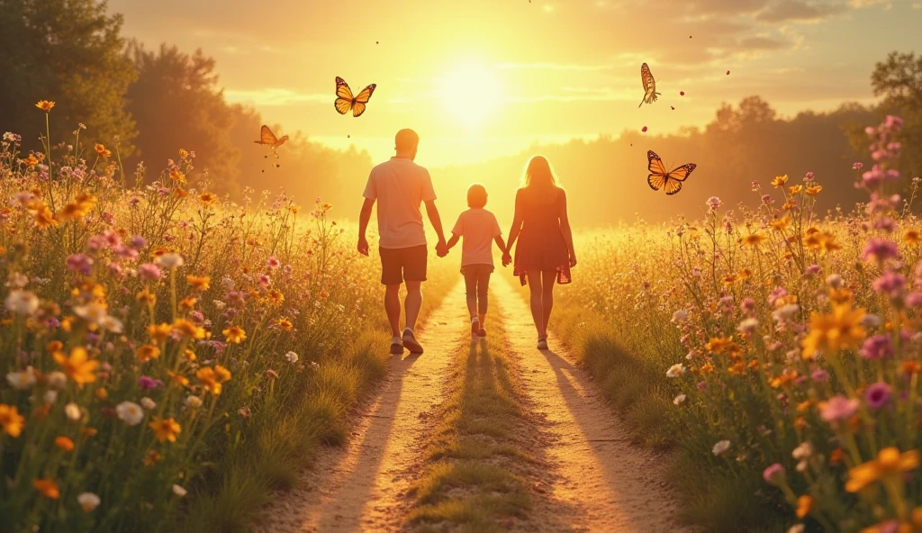 family, Young mother, young dad, mom dad same height, One , holding hands, walking through a chamomile field, smiling, dad has a book in his hand, mom has a bouquet of daisies in her hand, the sun is shining, blue sky, White clouds, Butterflies fly, Correct facial features
