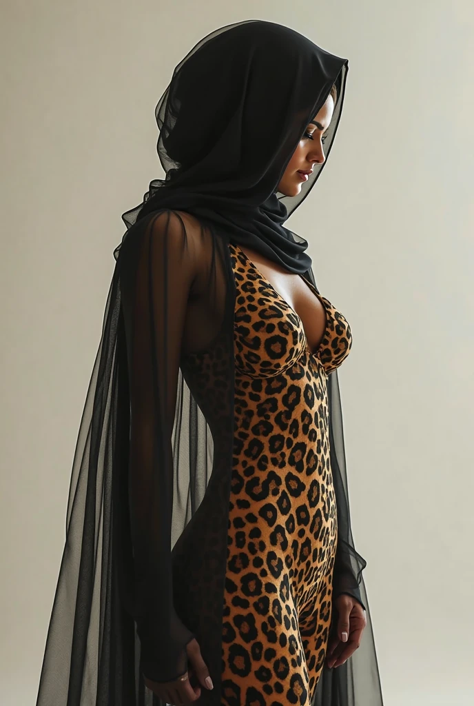 There is the most beautiful Asian Malay beauty wearing glasses wearing a snake pattern turtleneck unitard catsuit made of spandex。She wears a snake print hijab made of spandex every day。