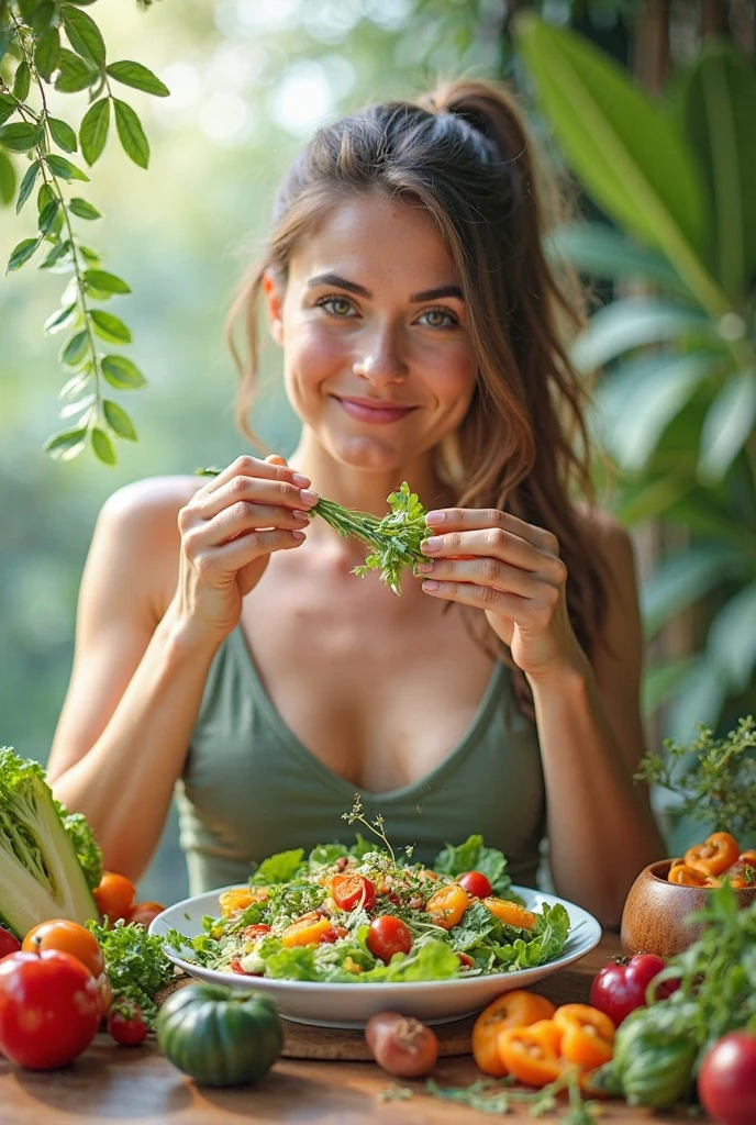 Create an image of a happy, slim woman practicing intermittent fasting. She should be depicted enjoying healthy foods, radiating positivity and well-being. The setting should be bright and cheerful, emphasizing a healthy lifestyle. The woman should appear content and satisfied with her meal, which consists of nutritious and appealing food options. The image should convey a sense of balance and health, showcasing the benefits of intermittent fasting in a positive light. Use vibrant colors to enhance the joyful and healthy atmosphere of the scene. --auto --s2