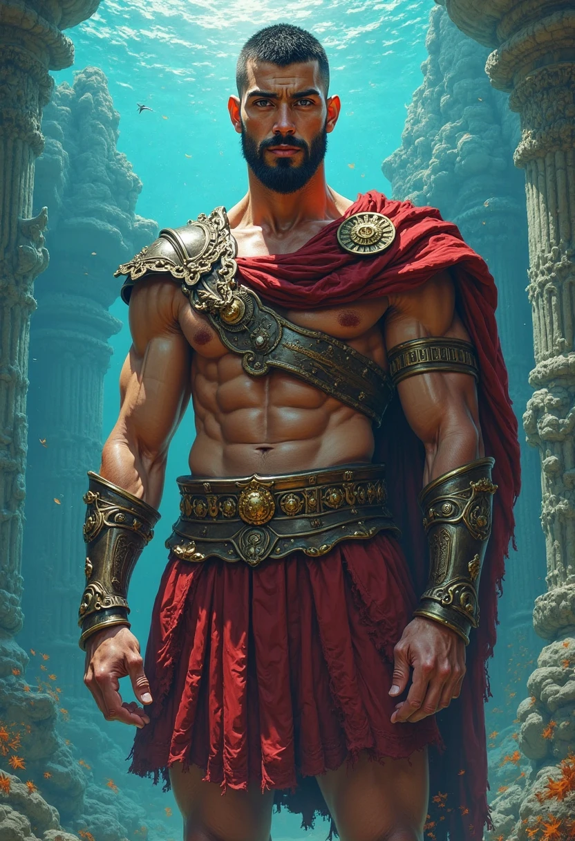 ((artwork)) ((body completo)) ((Full body inside the image)) ((30 year old man)) body: brownish skin, high, muscular, ((body hair)) ((platinum ruby hair)) male face, barbarian, pretty eyes, detailed eyes ((gold eyes)). Expression: seductive, sonrisa seductive. CLOTHES: Red Greek Cape, TOGA BLANCA, gold ornaments, greek prince ornaments. pose: dynamic. scene: greek temple, Greek columns. Decor: winter, Decor de winter brillante, wonderful lighting.