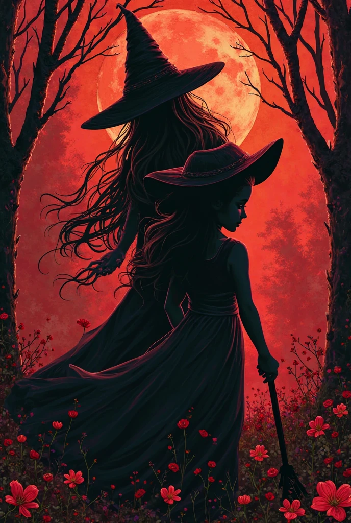 Witch in lingerie in the forest with red sky