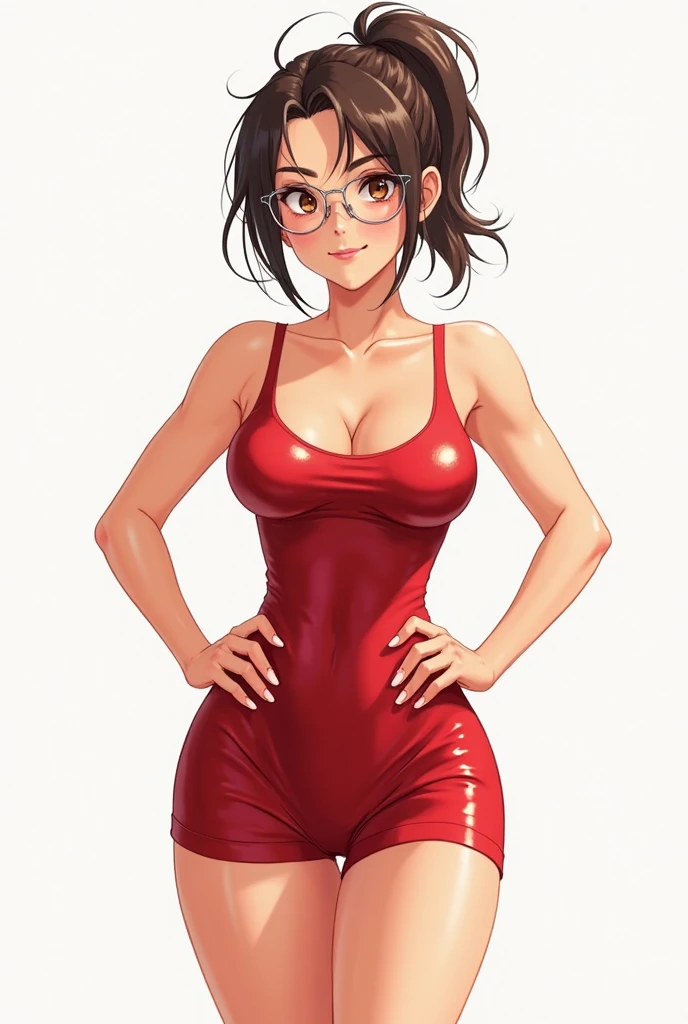 naked nude girl in a swimsuit with a bob cut, wearing glasses, jumping. White background, black eyes, white skin, large breasts, brown hair, body facing forward, exposed shoulders, emphasized breasts, open lips, red cheeks, high quality