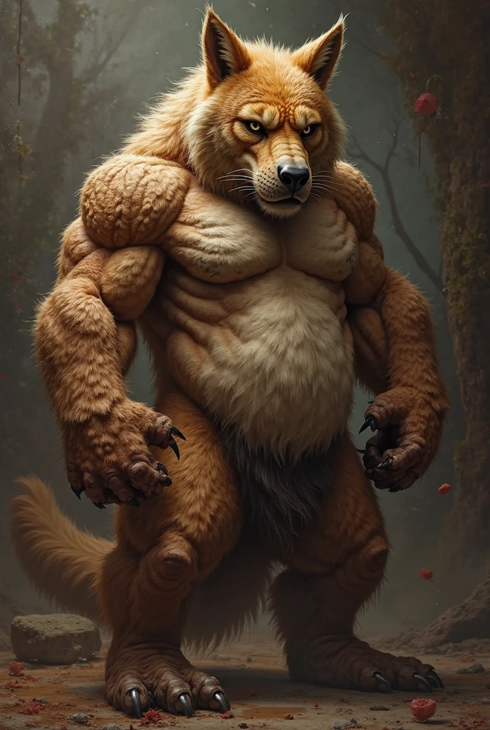 Uma imagem realista de Lion-o dos thundercats, super gigante musculoso, with muscular arms, olhos azuis, uma cauda, super peludo de pelo marrom, com as veias saltando, ombros largos, giant toned physique, veias musculares estourando, usando colete azul rasgada, standing barefoot, em pose de fisiculturista, visto de dorso, em seu castelo