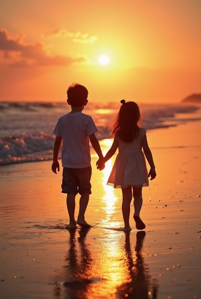 A boy and a girl will look into each other's eyes with the sea and the sun setting behind them