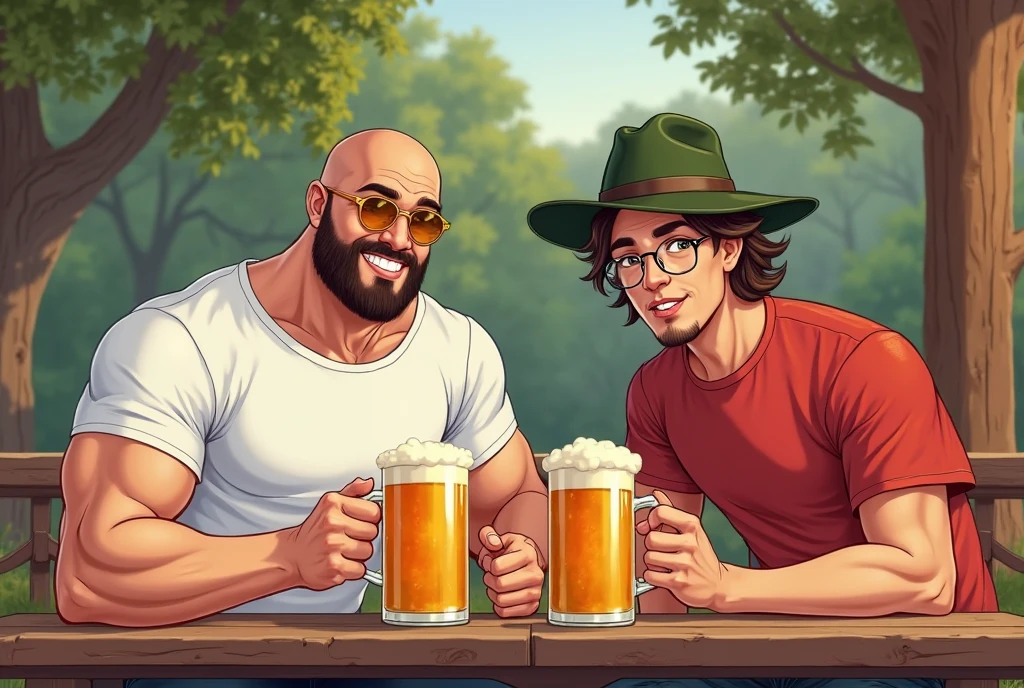 Only plump, chubby, extremely thick thighs, large belly, fat, age 55, two friends are at the bar drinking beer gesturing and talking sitting on the chair with beer bottles on their table , an environment with tables and other people sitting and talking , 4K, masterpiece.