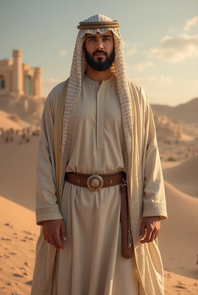 8K, high definition, high quality, highly detailed) Handsome Arabic Sultan daddy. wearing a turban. full facial hair. hyper-masculine. white wearing throbe. desert background. dusk. blurred background