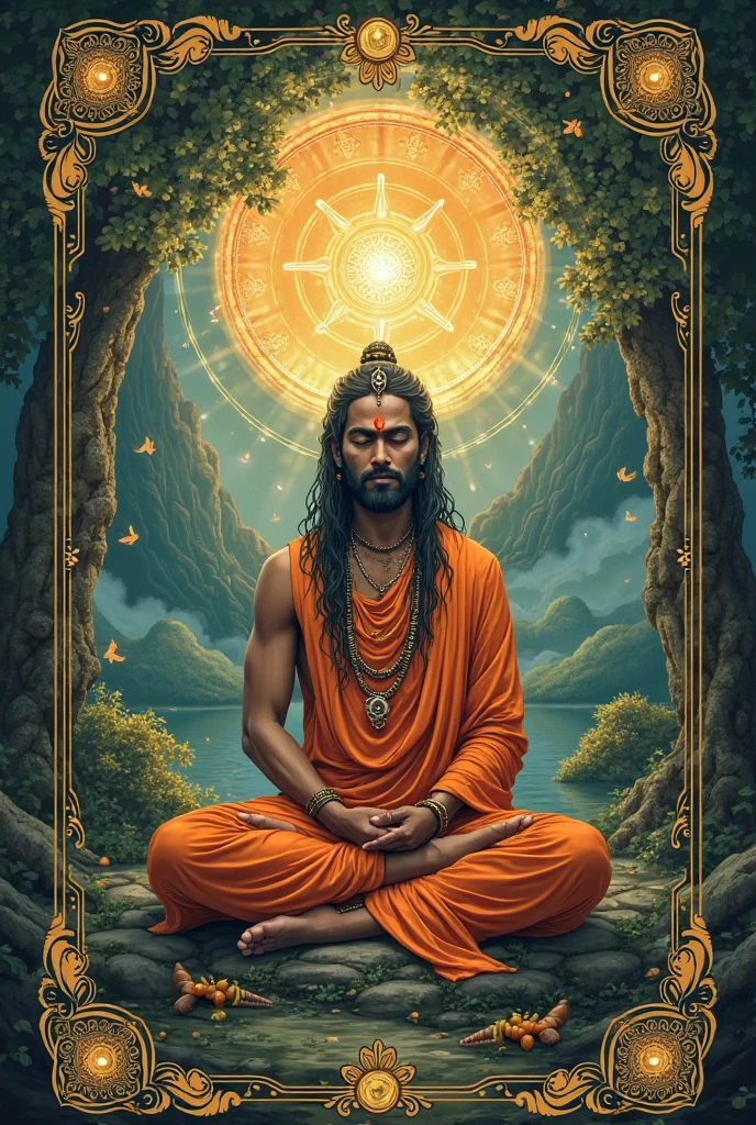 "A serene Hanuman Ji in deep meditation, seated on a lotus pedestal, surrounded by a golden aura, intricate mandalas, hyperrealistic, 8k resolution, art by Alphonse Mucha and Michelangelo"