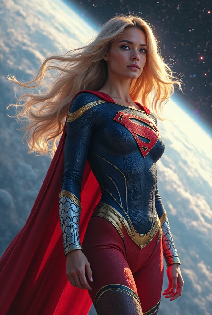 Golden barbie, shimmering golden costume with Pearly White, (extremely detailed 8k CG unit wallpaper, Golden uniform, gold gold Superman costume, masterpiece, best quality, ultra-detailed), (best lighting, best shadow, extremely delicate and beautiful), floating, [(((1man))), (Superman: 1.3), muscles, bright blue lines, detailed costume, heroic pose):0.8], [(celestial landscape, night, bright neon lights:1.2, blue energy effects, volumetric light):0.5]