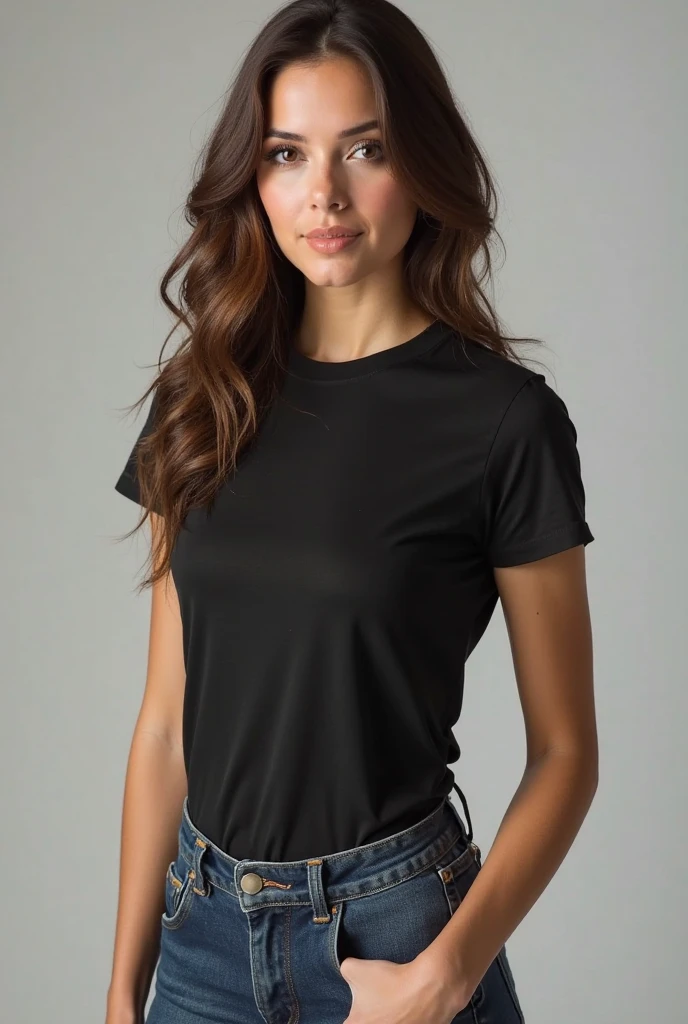 beautiful woman, standing straight facing forward,with black t-shirt, denim jeans pants, on a greyish background, cotton t-shirt texture, fitted t-shirt, round neck, striped tights. Medium camera shot.
