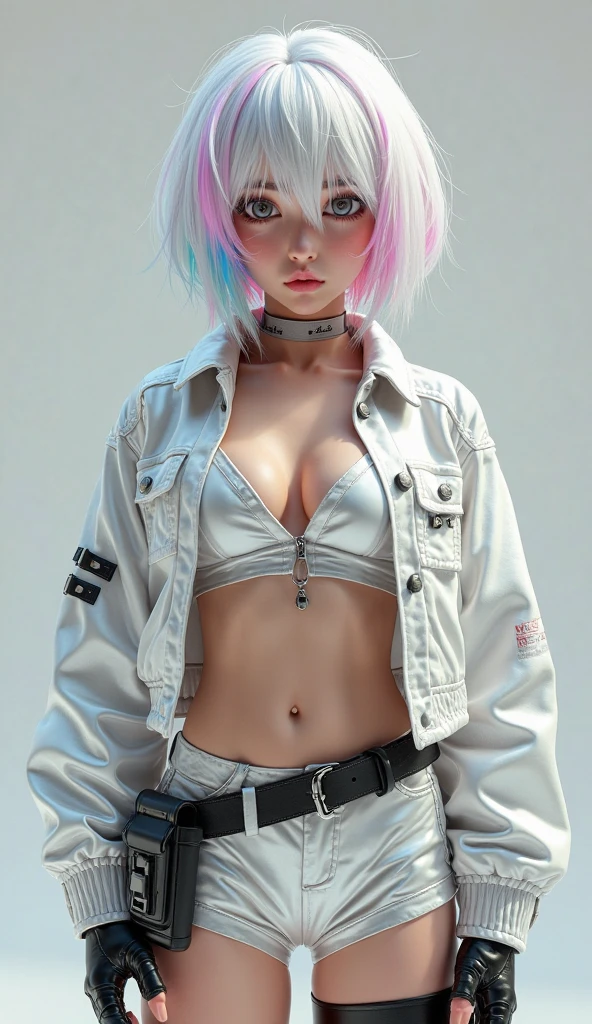 Female body definition thick thighs cybernetic body parts, Shorts, Main color is white,Spread your legs,Wide-open legs,Pale pink underwear,Super Beautiful Girl,Thin legs,Small waist,Small Ass,Flat Chest,Beautiful girl with a slim figure,Small Bust,Beautiful nipples,