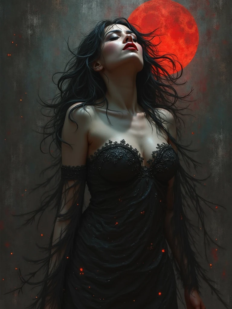 Afrafed, dark fantasy art, goth art, a beautiful female vampire wearing a (blood stained white evening dress: 1.5), an extremely beautiful female vampire, ultra detailed face, black hair, long hair, wavy hair, red lips, glowing red eyes, visible vampiric fangs, she wears a ((white evening dress: 1.5)), elegant, intricate detailed dress, small cleavage, ((dress is decorated with gems: 1.4)), she wears knee high heels boots, there are stains of blood on the upper [art of the dress, dynamic background