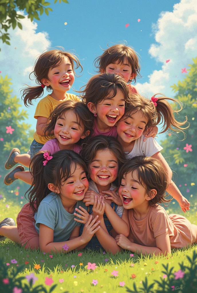 3 happy children playing on the grass
