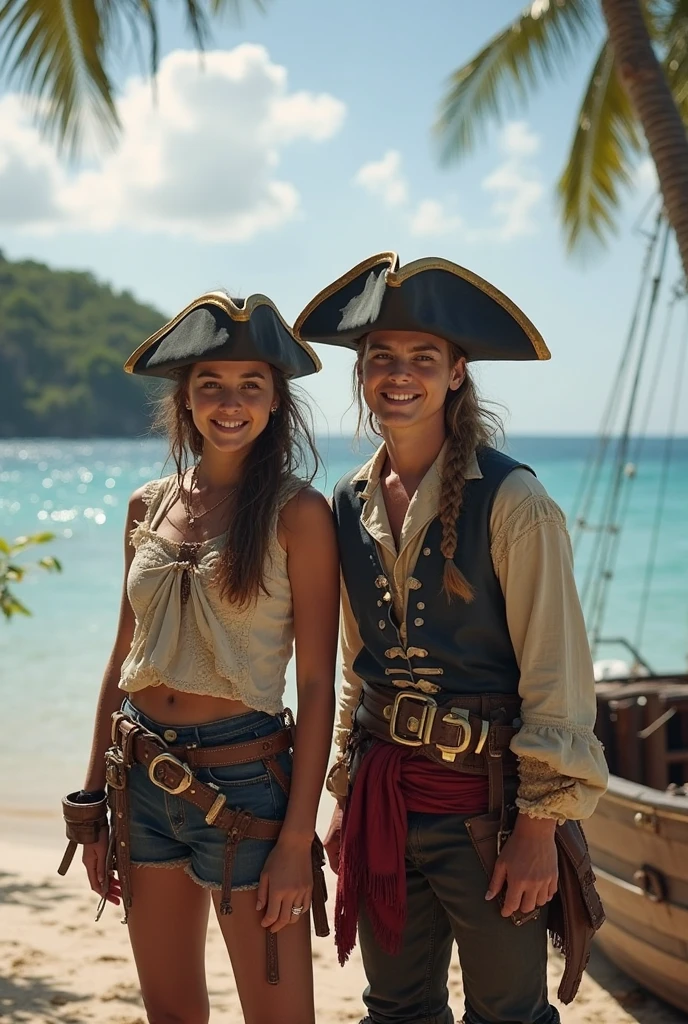 female pirate in pirate clothes and pirate boots with short brown hair along with a thin man sitting on a mountain of gold coins next to an open chest with gold coins, On the beach with palm trees, faces full face