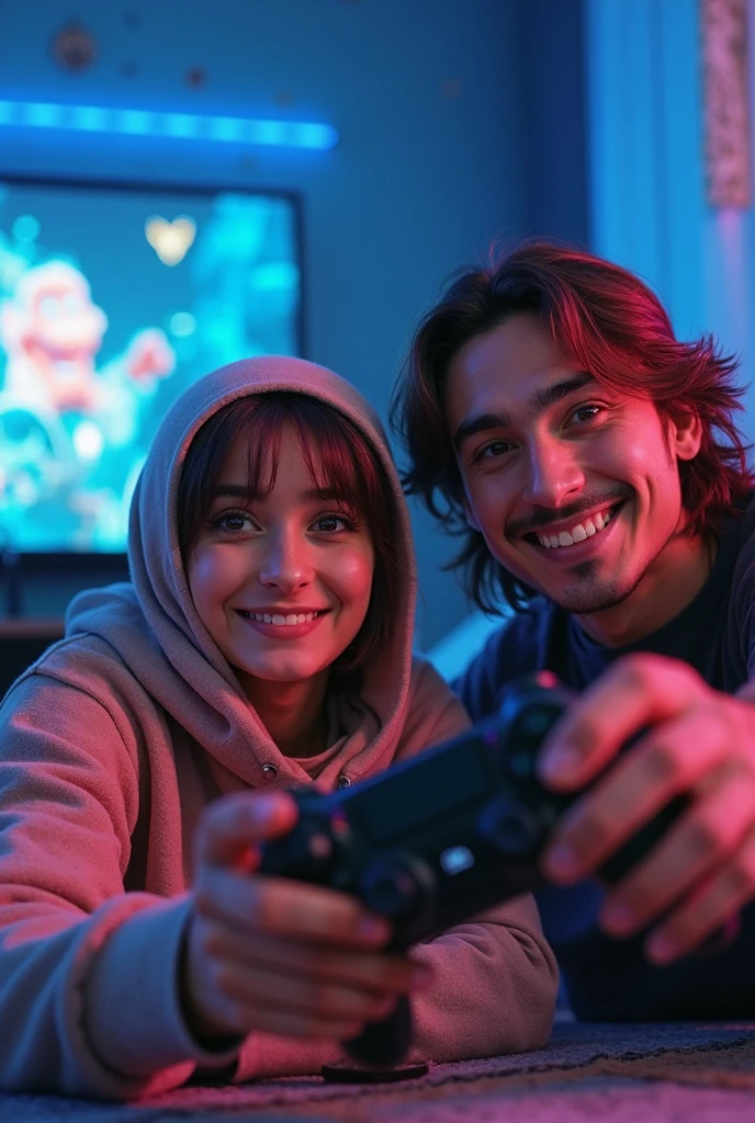 Drawing of a couple, 33 year old white man, with medium brown hair, small mouth, blue eye, pointy nose, wearing glasses, Star Wars shirt, holding a computer keyboard.
36 year old brunette woman, long dark brown curly hair, wearing glasses, light brown eyes, full mouth, camisa do Harry Potter, holding video game controller. In the background of the image, something related to the tiktok icon