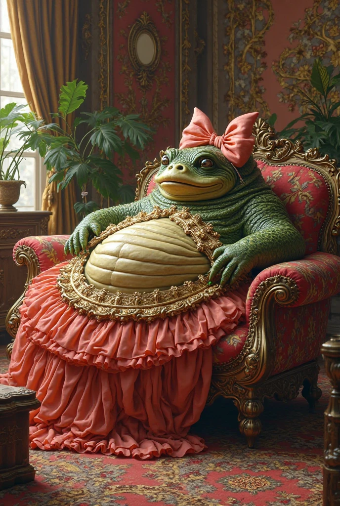 photorealistic portrait of Dressed animals-a ((fat)) ((toad) dancer,(), (elegant pose:1.5), (hands on hips:1.5),(smile:1.5),high quality,(happy),(lovely) ,intricate details, Wearing bustier, (), highly detailed ((bustier)) ,highly detailed decorations of clothes, Fishnet panty horse , (happy), soft lighting,(full body image:2.0),luxury hotel room background,(high heels),