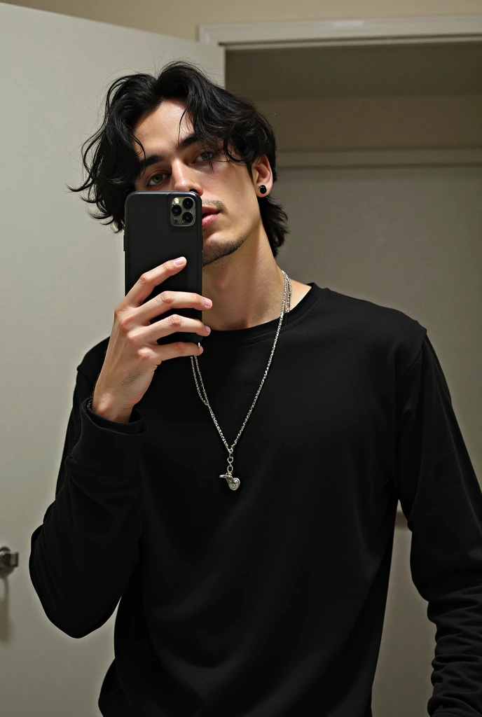 a 17 year old boy with short black hair,intense blue eyes,intense gaze,defined facial features,no facial hair,tall muscular physique with broad shoulders and V-shaped body,wolf tattoo on right arm,full body focus,completely hairless, peito grandes, musculoso, peça grande na calça 