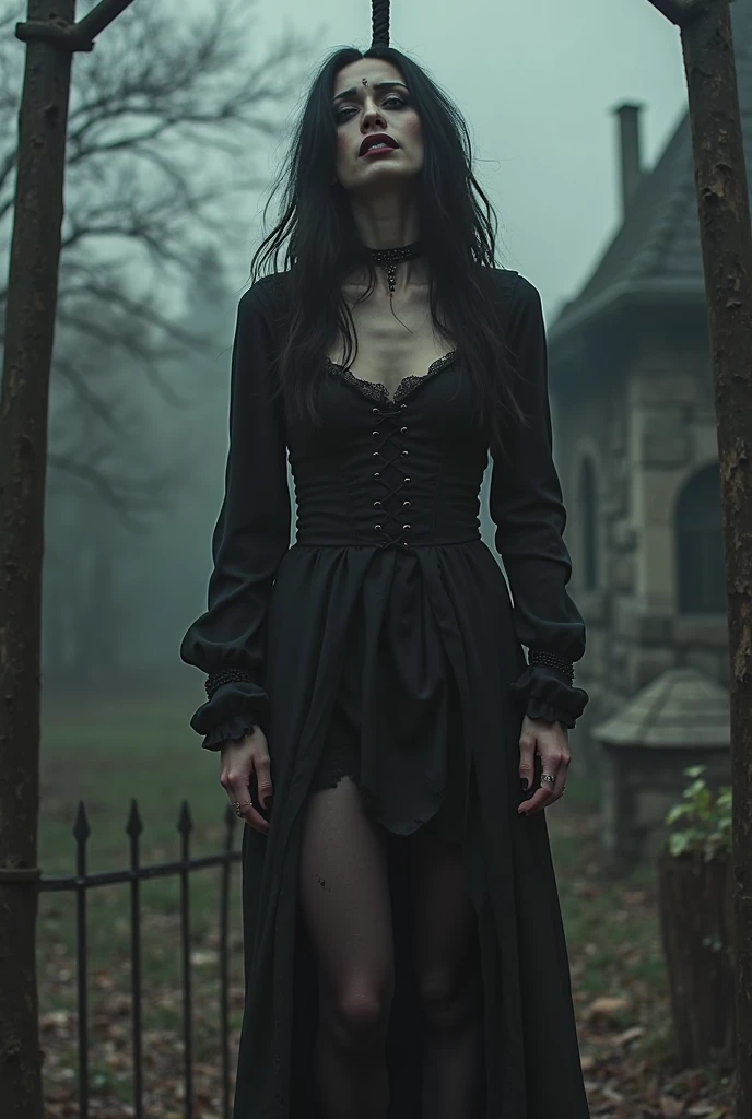 arafed woman in a black dress with short messy wavy black hair and a necklace, promotional still, anya taylor - joy vampire queen, artstyle tom bagshaw, beautiful female vampire, carmilla vampire, portrait of a young witch, vampire fashion, samara weaving vampire, tom bagshaw weta studio, with red hair, photo still, witchy clothing, beautiful female witch in fog filled graveyard, Octane style, Photorealistic, 8k