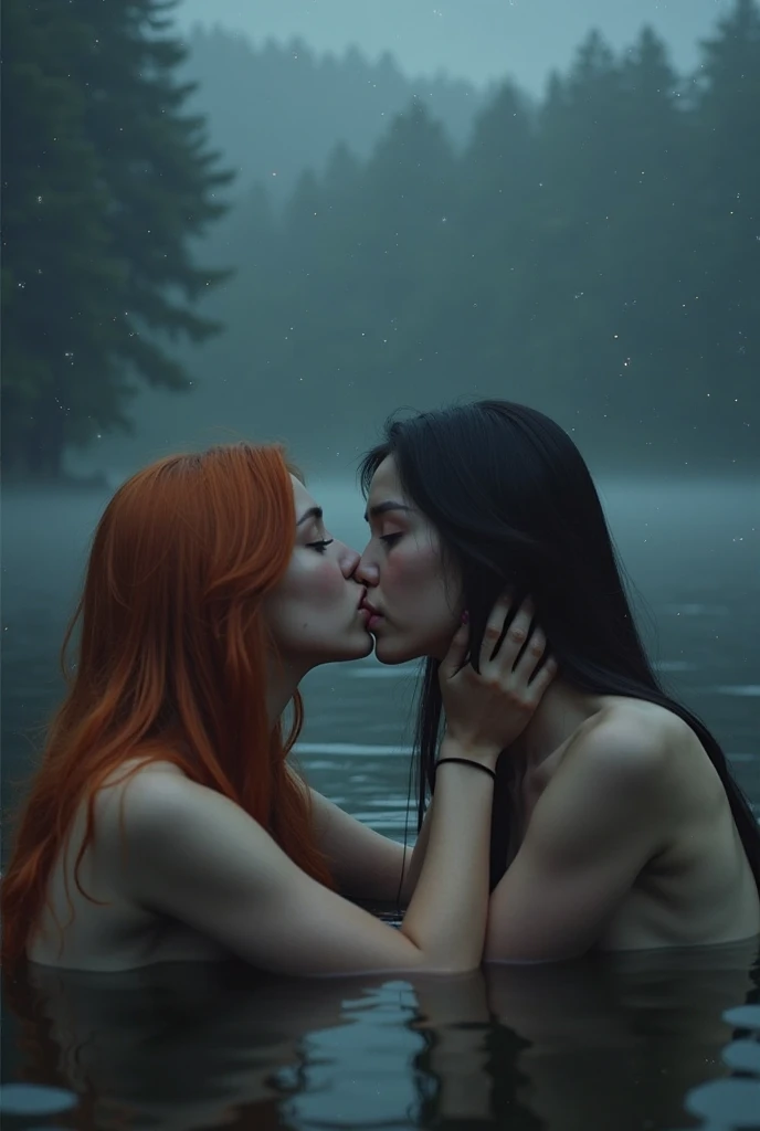 The most beautiful (red haired) girl big breasts perfect body with the most beautiful blond girl big breasts under the waterfall having lesbian sex