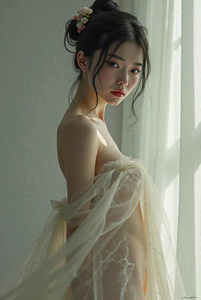 日本people、1people、The most beautiful woman、smile、Shyness、clear、Shiny black hair、((Standing with legs wide open))、Photo Style、length, bangs、Pigtails、light makeup、Standard face、(((Wearing a white Etchu loincloth)))、((Light clothing:0.5))、((She is hiding her breasts by wrapping a cloth around her chest.))、Summer festival、(((From behind, she shows off her cute buttocks and the knot of her loincloth))), 32K, Raw photo、Highest quality