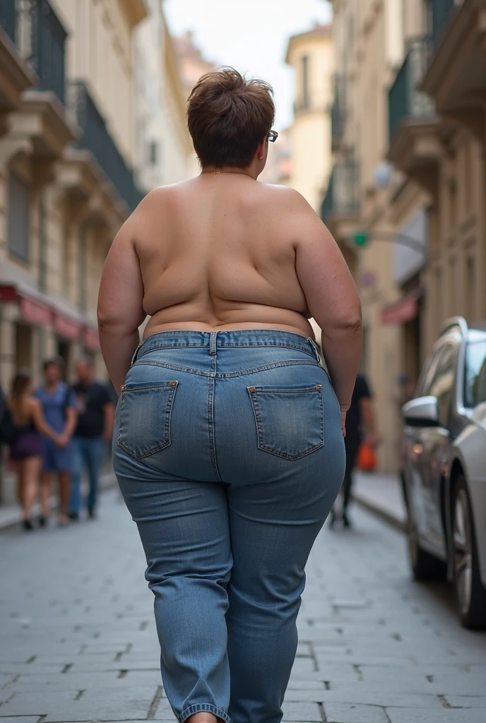absurdres, absurd resolution, highres, high resolution, best quality, masterpiece, a fatgirl slutty white brunette woman waddling down the street, thick thighs, ((wide)), fatty, slob, lard ass, (brown bob cut), (clothed), ((ripped jeans)), biggest hips in the universe, small clothes, torn clothes, waddling, (waddling away), massive body, surprised expression, morbidly obese, (white, brunette, egirl), huge flabby belly, big saggy , detailed picture from behind, creeper pic
