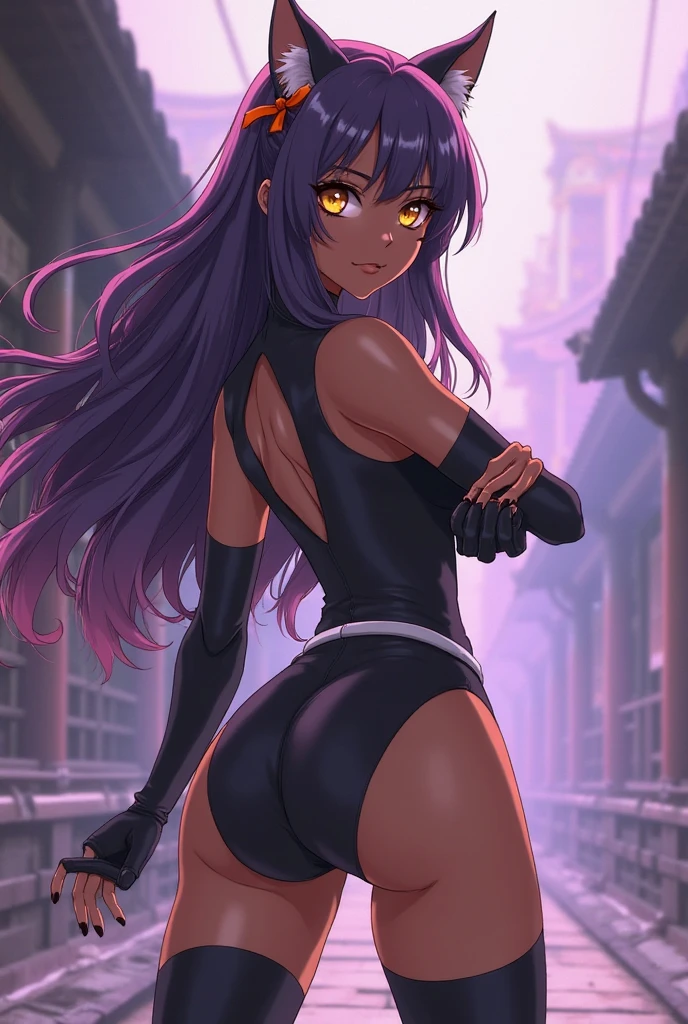 1girl, gigantic breasts covered in baby oil, breasts exposed, perfect lighting perfect girl perfect world perfect design, innovative design, flawless beauty, absurdres, high res, ultrasharp, 8K, masterpiece, looking away, extreme gigantic butt, extreme thick thighs, shihouin yoruichi, white bikini top, black tight thong, shirt accessory, dark skinned female, dark skin, ponytail long hair, parted bangs, purple hair, yellow eyes, doing stretches, back view, voluptuous, curvy