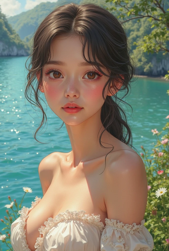 (Surreal)、(hight resolution)、(8K)、 (ighly detailed)、(Ultra clear skin pores)、(top-quality、​masterpiece:1.3)、a beauty girl、full body Esbian、Smaller chest、Small butt、Stroll along the beach、(fullnude)、夏天、It's very hot、perspiring、