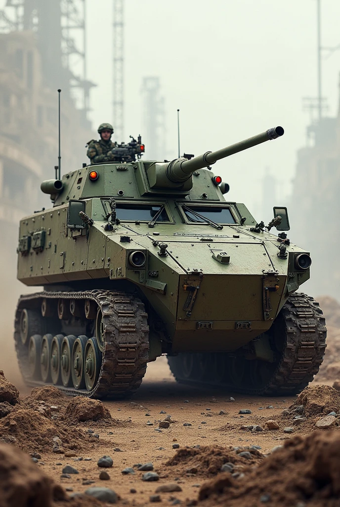 The image shows a futuristic armored combat vehicle, combining elements of the German Marder 1A2 and the Republic TX-130 from Star Wars. The main body is the shape and size of the Marder 1A2, with its angular lines and robust armor, keeping the gun turret on top. However, instead of the classic caterpillars, The vehicle is equipped with TX-130 antigravity repulsors., allowing it to float above the ground.
The vehicle's turret includes a dual laser cannon, typical of TX-130, mounted on the armored structure of the Marder. besides, The design incorporates space-age technological details, as light panels, emblems of the Republic, and a polished metallic finish.
In the background, You can see a futuristic battlefield, with explosions and smoke in the distance, giving the impression that the vehicle is in action. The landscape combines elements of a European setting with touches of science fiction.
