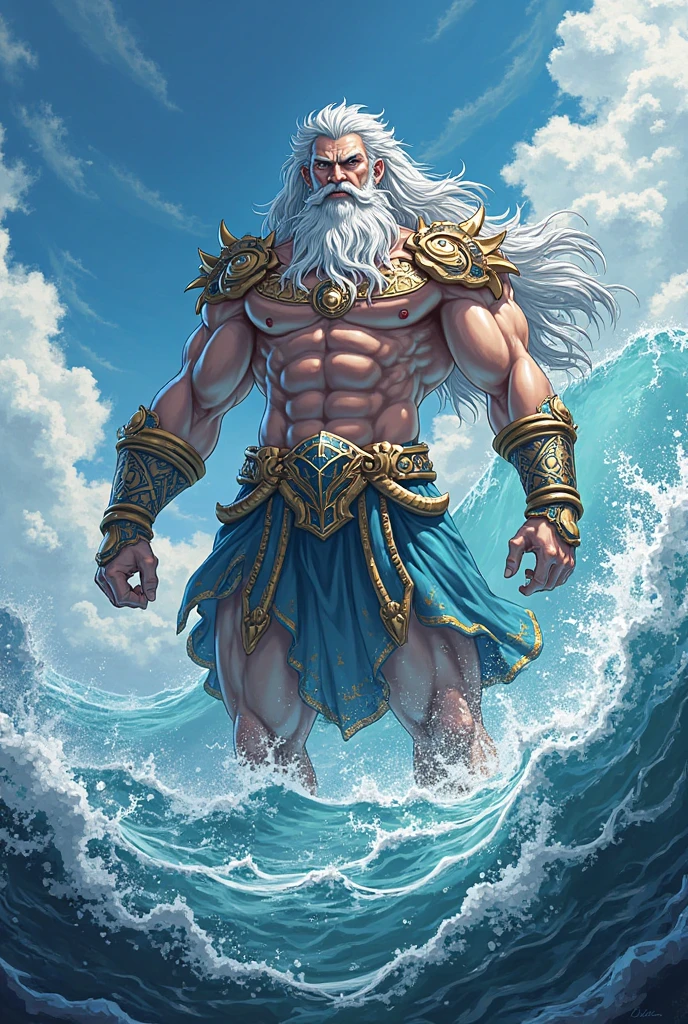 There is a man with white hair and a beard, God of the Ocean, The God of the Sea, the God Poseidon, Extremely detailed Artgerm, Artgerm on ArtStation Pixiv, complete art, Casimir art, detailed digital anime art, trend on ArtStation Pixiv, Iconic Character Splash Art, 8k --auto --s2