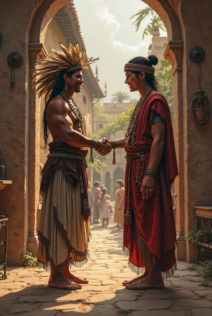 masterpiece, detailed, intricate, epic fantasy, colorful, full body, slight angle, male, 40s, awkward, muscular, ankle wraps, very hairy chest, sensual, revealing skimpy outfit, receding hairline, smirk , mercenary, blades, great ancient city gates, pointing away, depth of field, particle effects, high quality shadows
