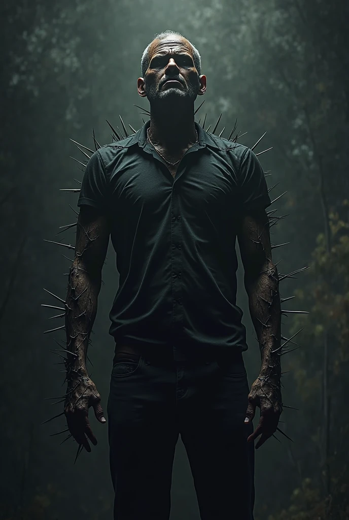 (raw photo, best quality) , (Realistic, photo-realistic: 1.4), extremely formidable overall plan, masterpiece, ultra-detailed, high resolution, best illustration, best shadow, complex, depth of field, grand plan, horror, 1 man alone, scary, he is very skinny (lean), he has a pale chin, he is dreadlocks, his eyes are red and crazy (mad look) (angry air) (very bright red) (bright red eyes), he has sharp teeth, his face is scary, Skinny and hollowed out, body and face are covered with tattoos (satanic tattoos) (satanic tattoos) (face tattoos), he has several scars (wounds) on his body, he wears ripped pants up to the knees and repeted (very torn) (torn to the knees), He holds two knives (blood) (blood runs), he holds the knife handle firmly in both hands, he has blood on his hands, he has a scary gait, he is in a forest, gloomy atmosphere, night, Night, volumetric fog, 8k photorealistic style, DSLR, high quality, (film grain: 1.4), Fujifilm XT3,