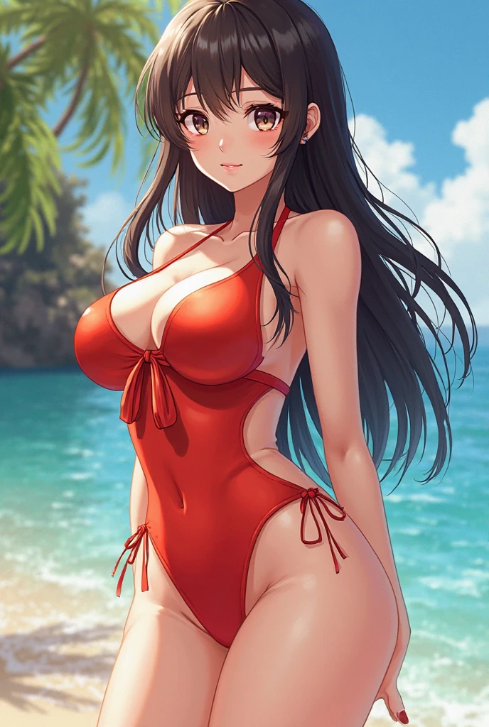 Reimu Panties visible Huge breasts Breasts visible, troubled face Wearing a swimsuit visible Breast size is 25 Panties are red or black Masterpiece Armpits visible