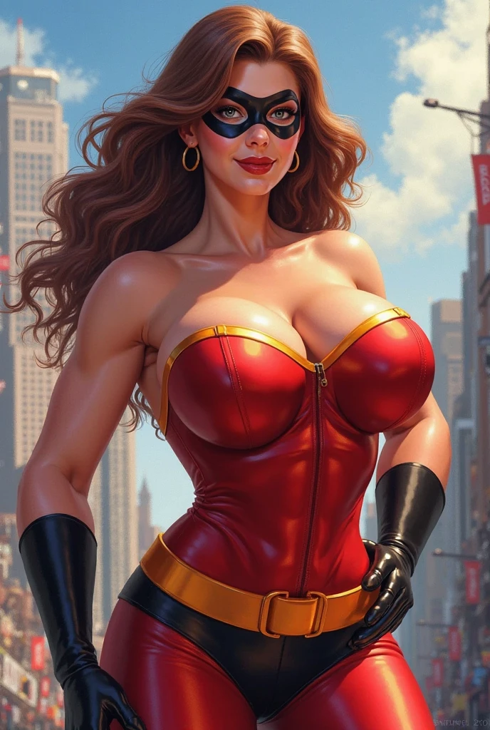a sexy beautiful superheroine fucking hard, tem seios grandes, brown hair, olhos verdes, malha verde com uma borda externa preta, The Leotard has an opening in the chest area,. capa vermelha, faixa vermelha com medalha de ouro no centro, wears high-kneeled boots that are black at the top and green at the bottom portrait photograph by artgerm, no estilo do realismo, pele cintilante, natural lighting, Defined full lips. Female body muscle fitness, wearing black mask and shades