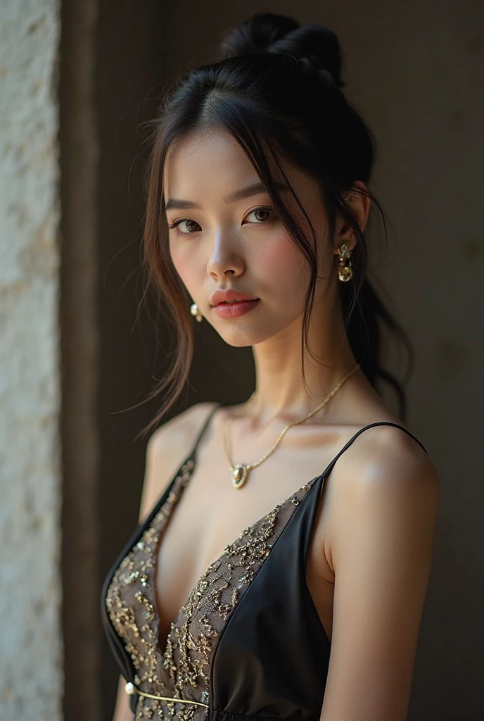 photograph, masterpiece, highest quality, (Long Hair:1.2), Bright eyes with attention to detail, Heavy eye makeup, mascara, Detailed Hair, Big Breasts, Cleavage, (detailed skin and pores:1.2),Slim waist, Bokeh, Depth of written boundary,  Lighting, , (play of light :1.2), Super detailed, Sexy mini dresses,Full body hip-raising pose , Pose 1.4. To the camera , Various shot angles 